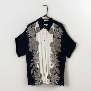 Vintage Pierre Cardin Rayon Hawaiian Tropical Flower Shirt, Black Tan Ivory, XXL